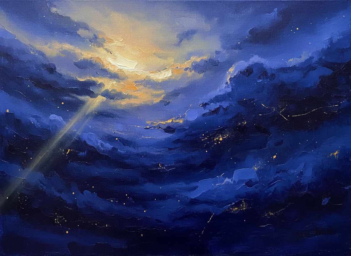 Atmospheric abstract painting with deep indigo tones and golden light rays evoking hope and transcendence